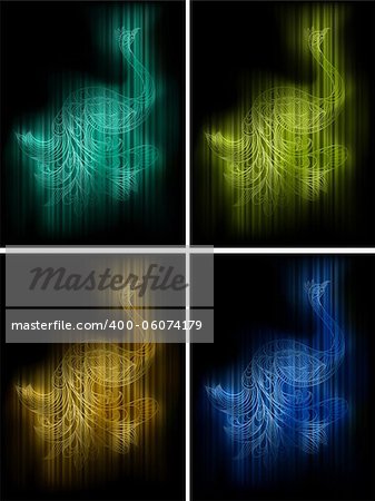 four vector peacocks with detailed tail on striped backgrounds, gradient mesh and eps 10 transparency effects