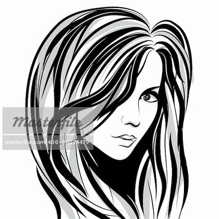 Beauty girl face sketch, woman face vector portrait. Hair wave.