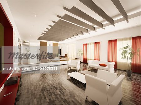 Interior of modern living room with staircase and fireplace 3d render