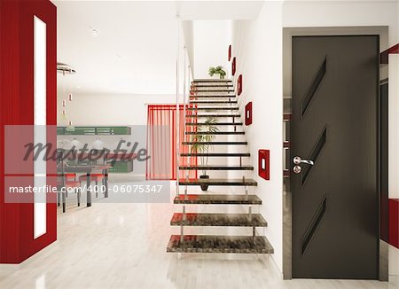 Modern interior of hall with staircase 3d render