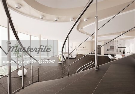 Interior of modern apartment view from staircase 3d render