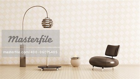 Modern interior of room with armchair, table and floor lamp 3d render