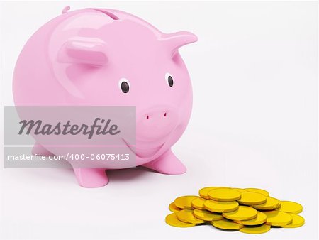 Happy smiling  piggybank and coins isolated over the white 3d render