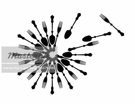 Vector illustration of fork and spoon silhouettes decoratively arranged. It is available in Illustrator and jpg formats.