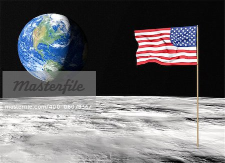 closeup of the American flag on the lunar surface with the planet Earth in the background