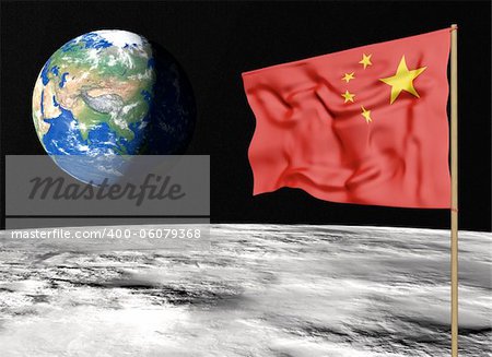 closeup of the chinese flag on the lunar surface with the planet Earth in the background