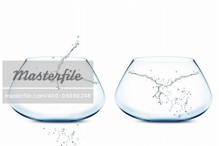 isolated Empty Two fishbowls with water in front of white background.