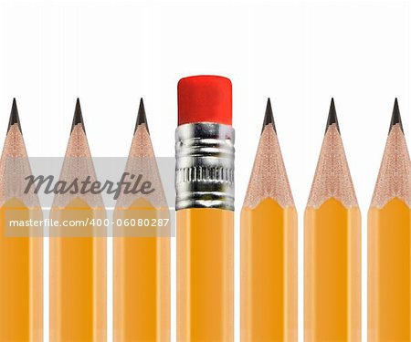 unSharpened pencil flipped in group of sharpened ones isolated on white background