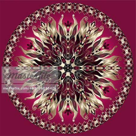 Decorative round floral frame with gold flowers on purple background (vector)