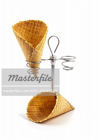 Empty wafer cone on white background with a support