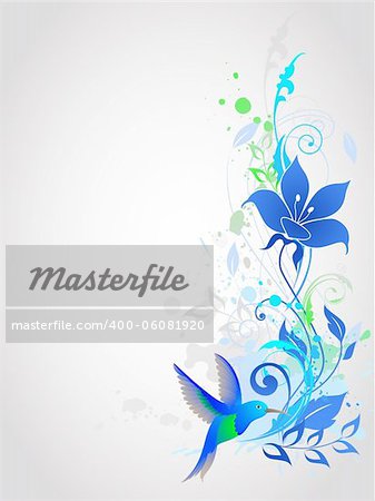 Blue vector  background with floral ornament and humming-bird