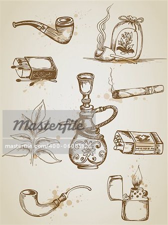 Vintage hand drawn vector smoking and cigarette icons