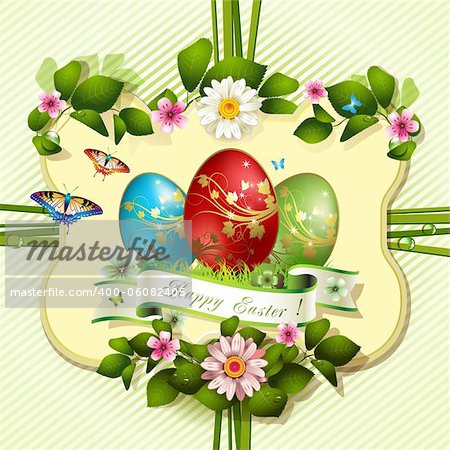 Easter card with butterflies and decorated eggs on grass