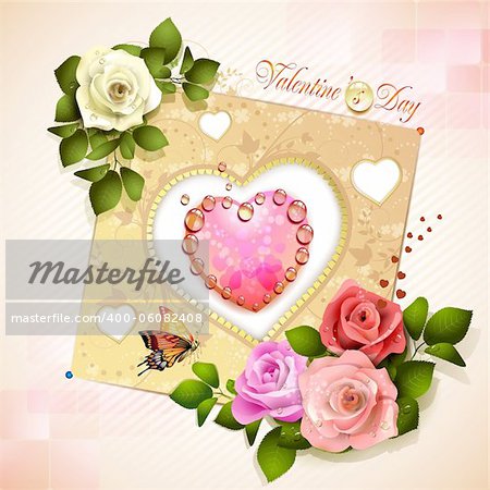 Valentine's day card. Decorated background with heart and roses
