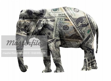Ritch adult elephant coated in dollar banknotes. Isolated on white