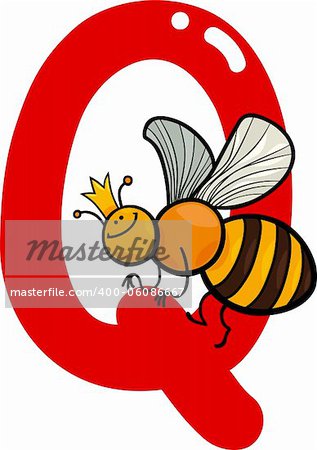 cartoon illustration of Q letter for queen bee