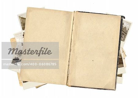 Old book and photos for scrapbooking design. Isolated over white