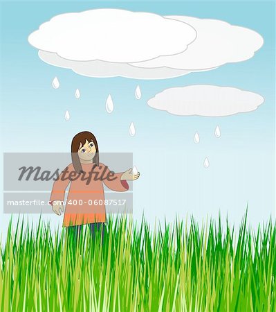 A meadow of tall grass where a     girl is holding out her hand     against falling rain drops.