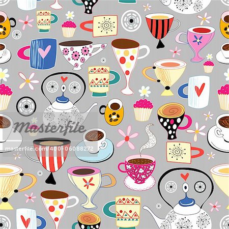seamless pattern of cups and mugs on a gray background with flowers
