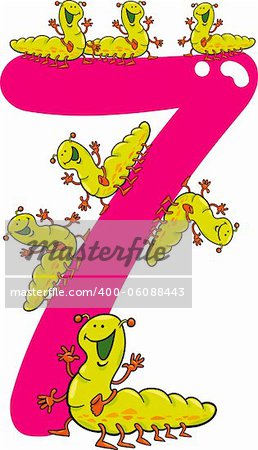 cartoon illustration with number seven and caterpillars