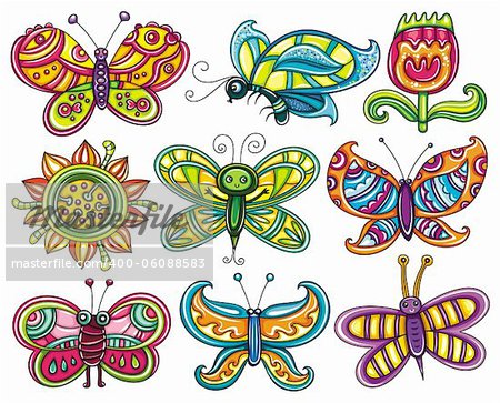 Butterfly icon set. Beautiful, cartoon, colorful butterflies with open wings isolated on white backgrounds, Icons set for you designs