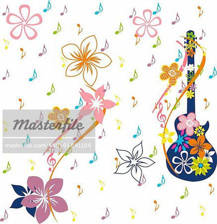 Musical cards, guitarand flowery card, music notes on guitar, flowers on a white background