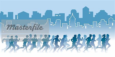 Crowd of young people running on a street. Sport vector illustration.