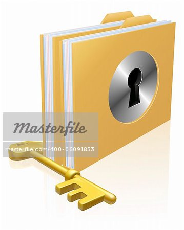 Folder or file with a keyhole locked with a key. Concept for privacy or data protection, or secure data storage etc.