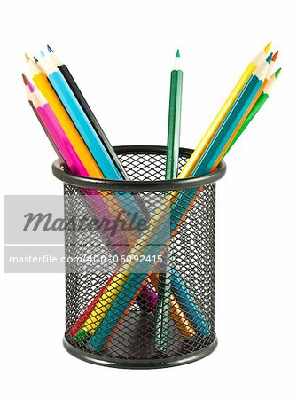 Colored pencils in a black metal stand isolated on white