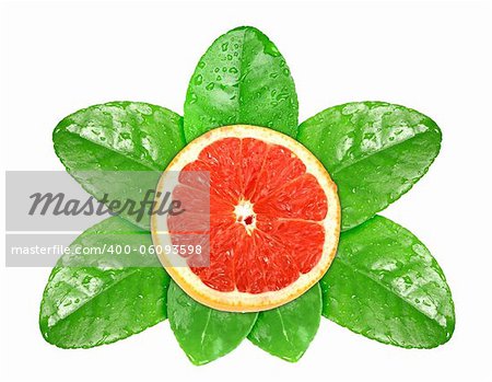 Single cross section of fresh grapefruit fruit on green leaf with dew. Isolated on white background. Close-up. Studio photography.