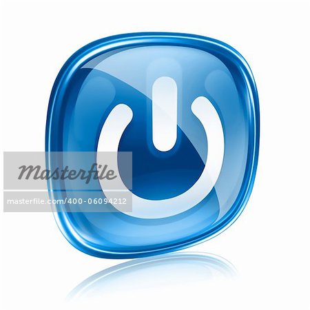power icon blue glass, isolated on white background.
