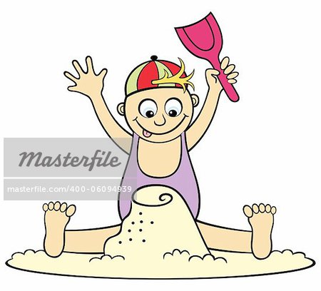 Illustration of boy playing with sand at the beach