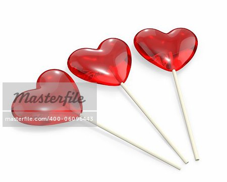 Three heart shaped lollipops, isolated on white background