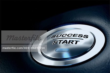 abstract success start button, metal material, blue color and black textured background. Focus on the main word and blur effect. Business concept