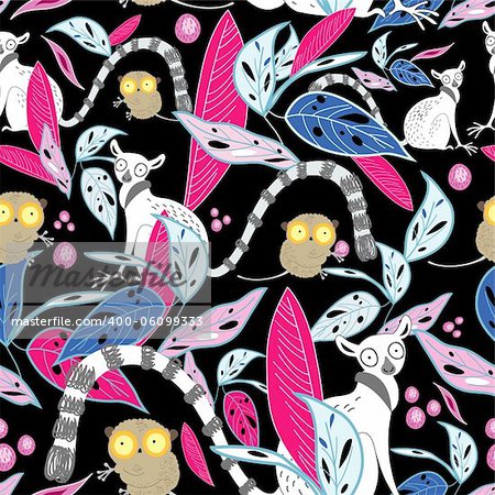 seamless graphic floral pattern of leaves and lemurs on a black background