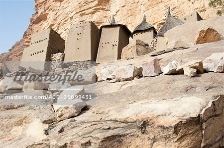 Granaries in a Dogon village, Mali (Africa).  The Dogon are best known for their mythology, their mask dances, wooden sculpture and their architecture.
