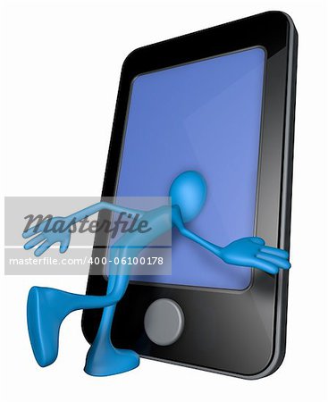 blue guy with head inside a smartphone - 3d illustration