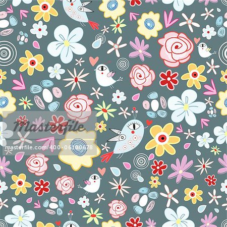 Seamless bright floral pattern with birds on a dark background