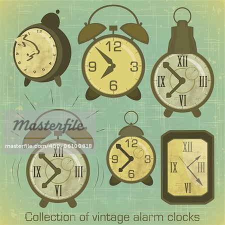 Collection of Vintage Alarm Clocks with Grunge Effect - vector illustration