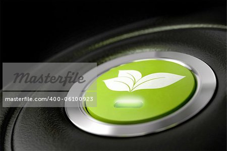 green eco friendly car button with leaves pictogram, and light symbol of fuel economy