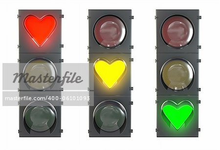 Set of traffic light with heart shaped red, yellow and green lamps isolated on white background