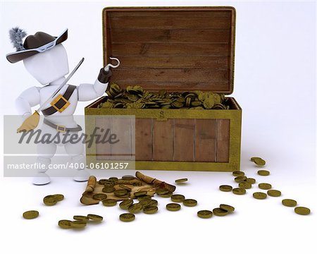 3D render of Pirate with a treasure chest