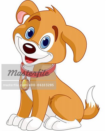 Illustration of cute puppy, wearing a red collar with gold tag.