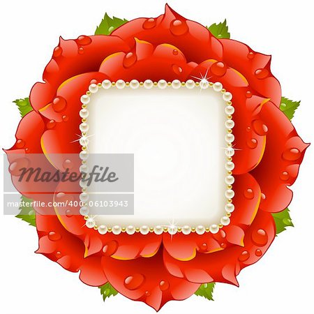 Vector floral background. Red rose wedding frame with pearl necklace.