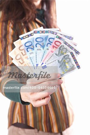 woman detail with group of Euro bills in her hands