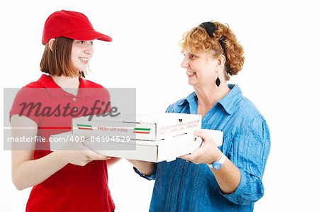 Teen girl making pizza delivery to a customer.  Isolated on white.
