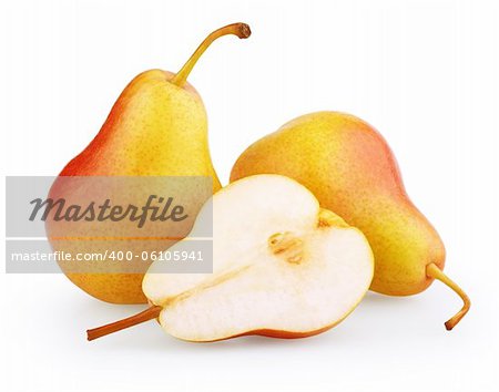 Ripe red-yellow pear fruit with half isolated on white