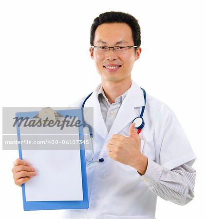 Asian male doctor thumb up showing perfect medical test results