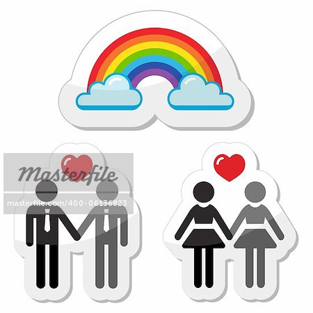 Gay people black icons, rainbow with clouds isolated on white background