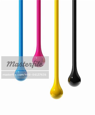 3D cmyk ink drops isolated on white with clipping path